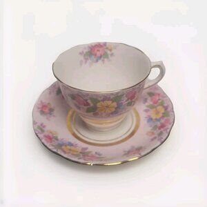 Bone China Footed Colclough Pink & Purple Yellow Tea Cup & Saucer England